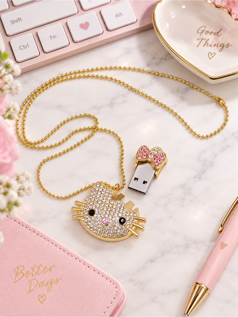 Hello Kitty 32GB USB Necklace Rhinestone Gold Tone 18in Adjustable NWT